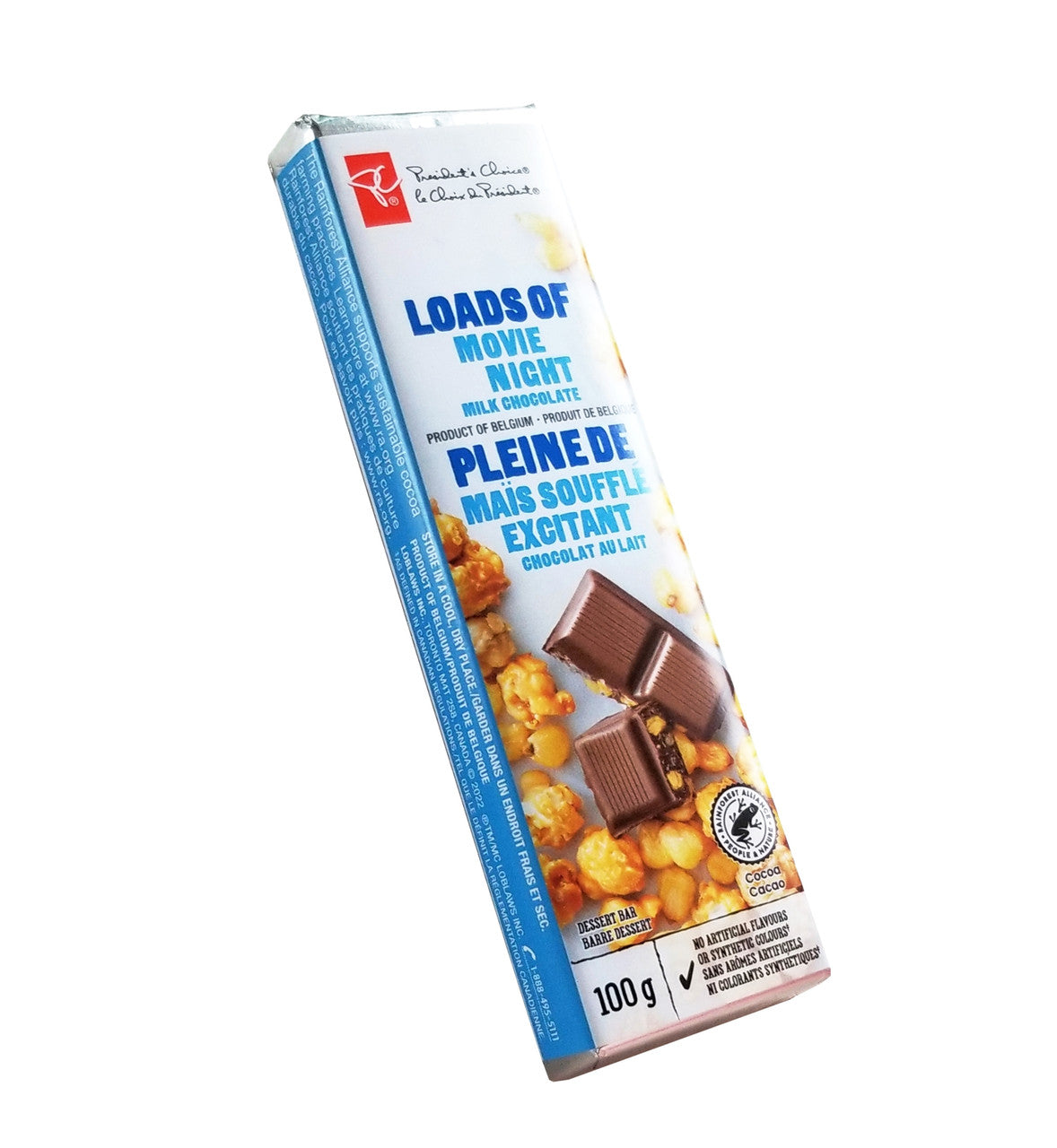 President's Choice Loads of Movie Night Milk Chocolate Bar, 100g/3.5 oz. Bar Left Angle